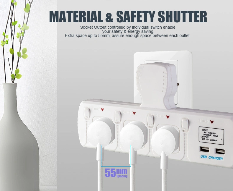 3 Way Outlet T-Type Plug Extension Socket 2 USB Port