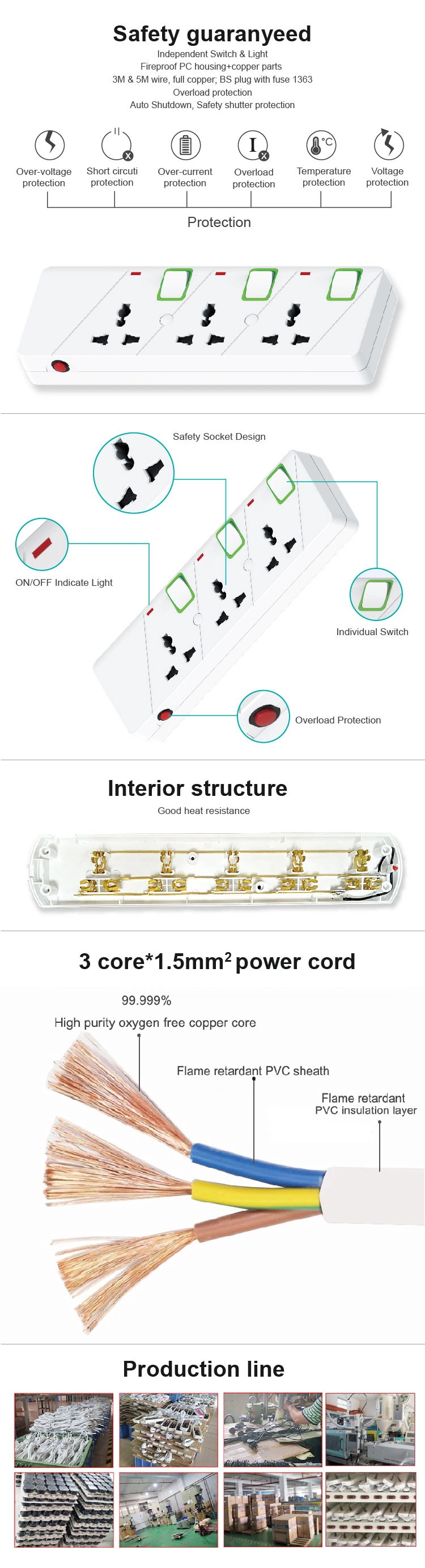 Shinelite 5-Way UK Extension Cables Socket with 3m Wire