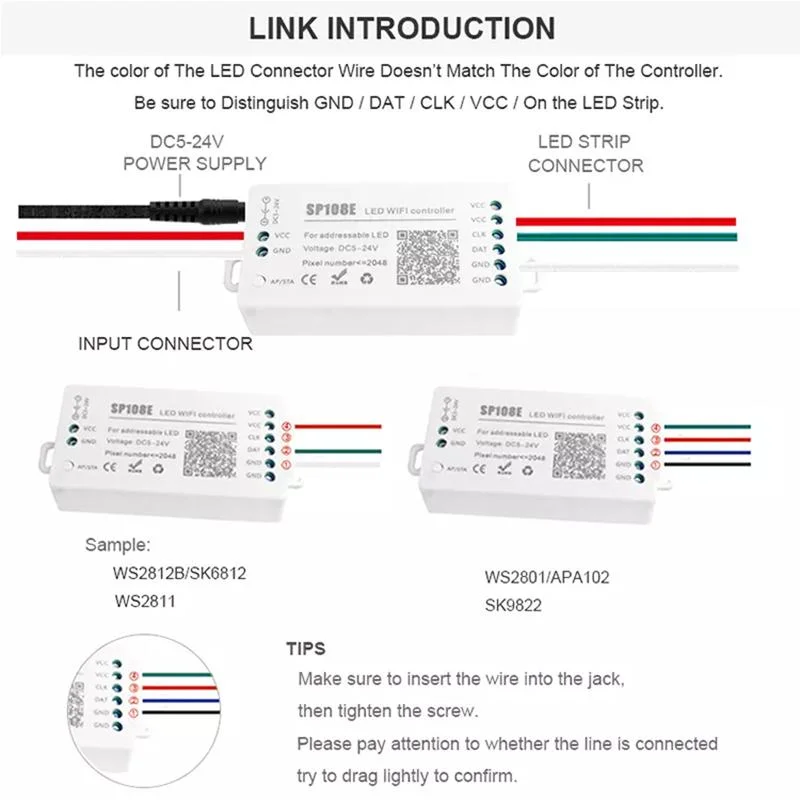 LED WiFi Controller APP Control DC 5V~24V Sp108e for Sk6812 Ws2812 Ws2813 Ws2815 Al2815 Digital Addressable RGB LED Pixels Strip