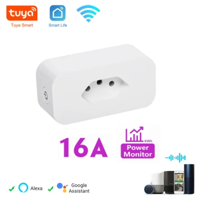 Tuya Alexa Controle de voz remoto sem fio Monitor de energia para casa inteligente Tomada de tomada Wi-Fi 16A Brasil Tomada de tomada de parede inteligente